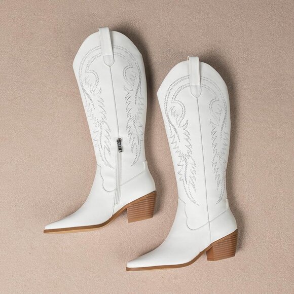 Amoji Womens White pu knee High Western Cowboy Pull On Pointed Toe Cowgirl Boots - Picture 7 of 7